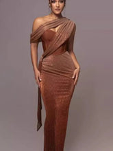 Load image into Gallery viewer, Brown One Shoulder Pleated Dress
