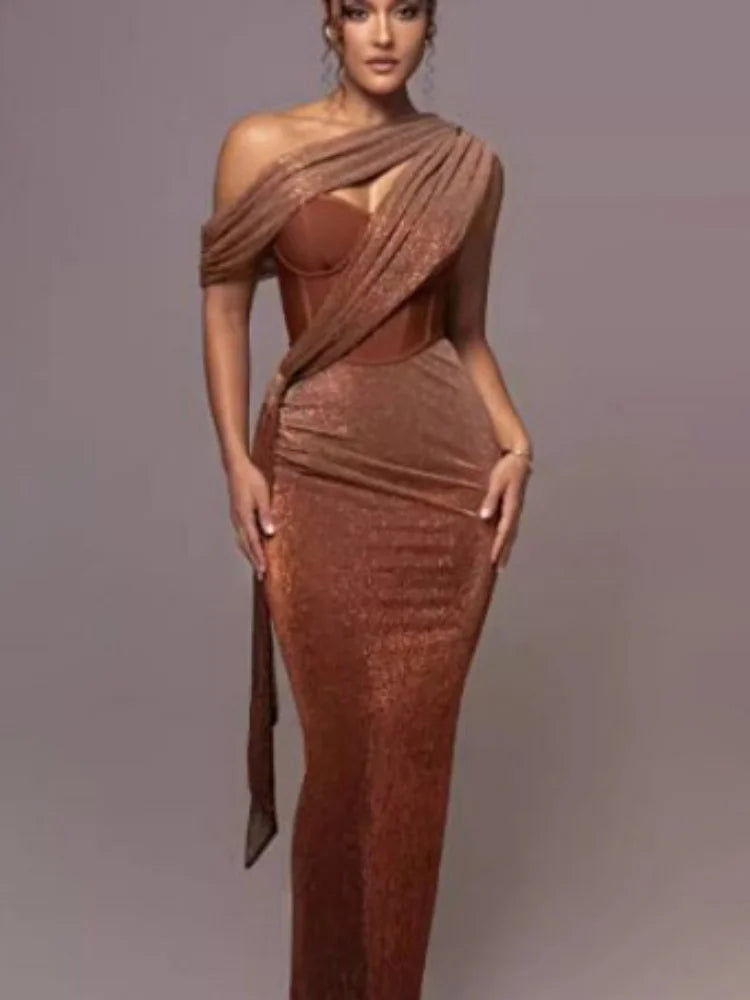 Brown One Shoulder Pleated Dress