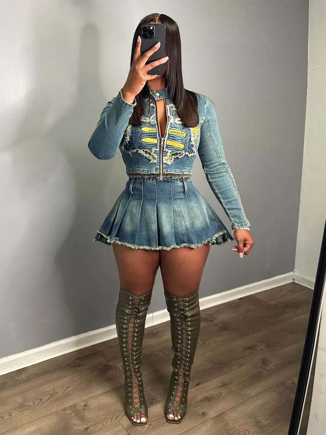 Aliya Pleated Denim Skirt Set FancySticated