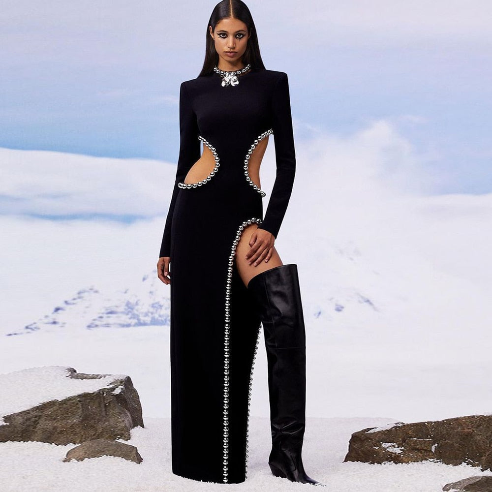 Brenda Cutout Black Beaded Maxi Dress FancySticated