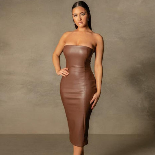 Chocolate Leather Midi Dress FancySticated