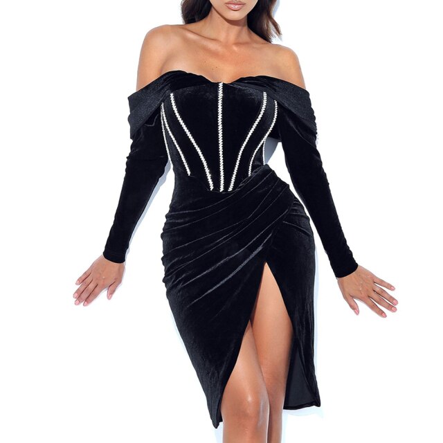 Elegant Black Off Shoulder Velvet Dress FancySticated