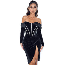 Load image into Gallery viewer, Elegant Black Off Shoulder Velvet Dress FancySticated
