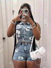 Load image into Gallery viewer, Floral Print Denim Short Set FancySticated
