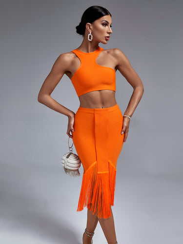 Her Fringed Bandage Skirt Set- Orange FancySticated