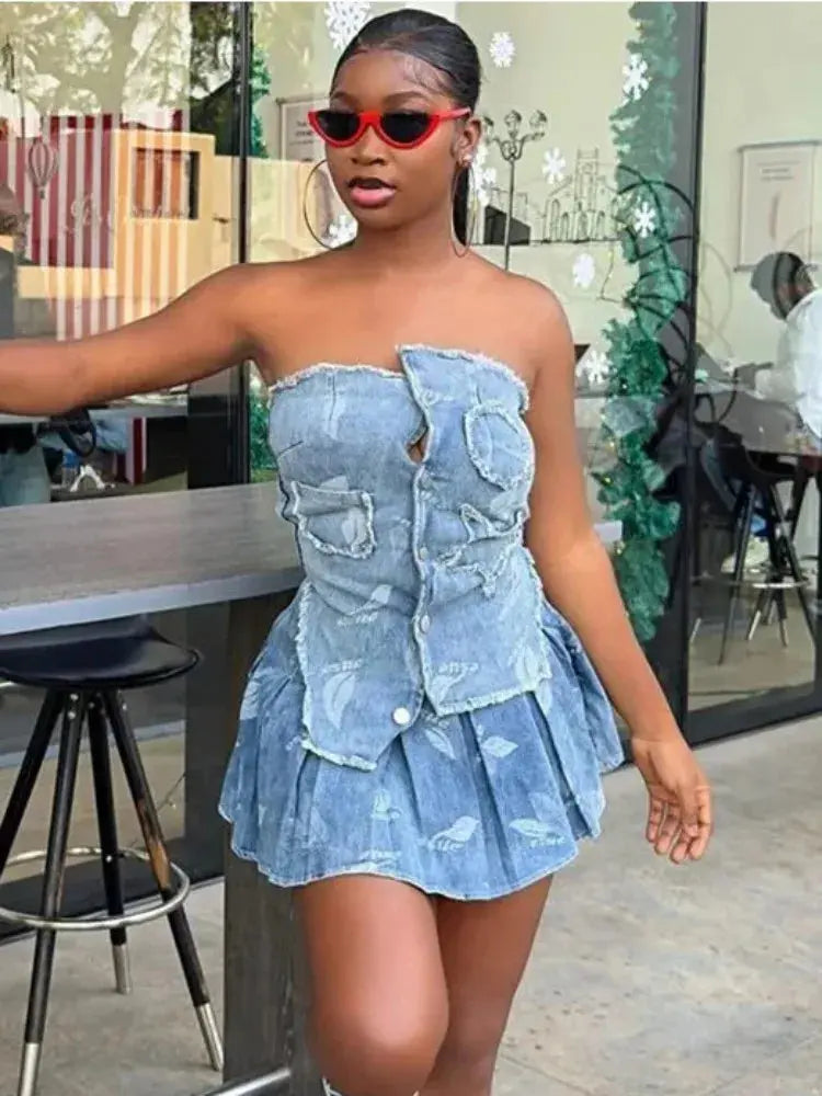 Keke Denim Pleated Skirt Set FancySticated