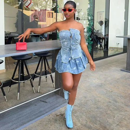 Keke Denim Pleated Skirt Set FancySticated