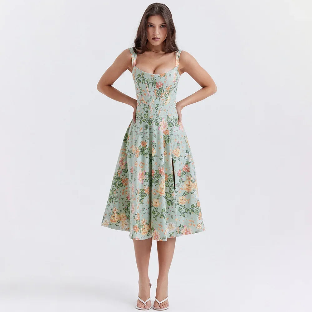 Lace Up Floral Corset Midi Dress
