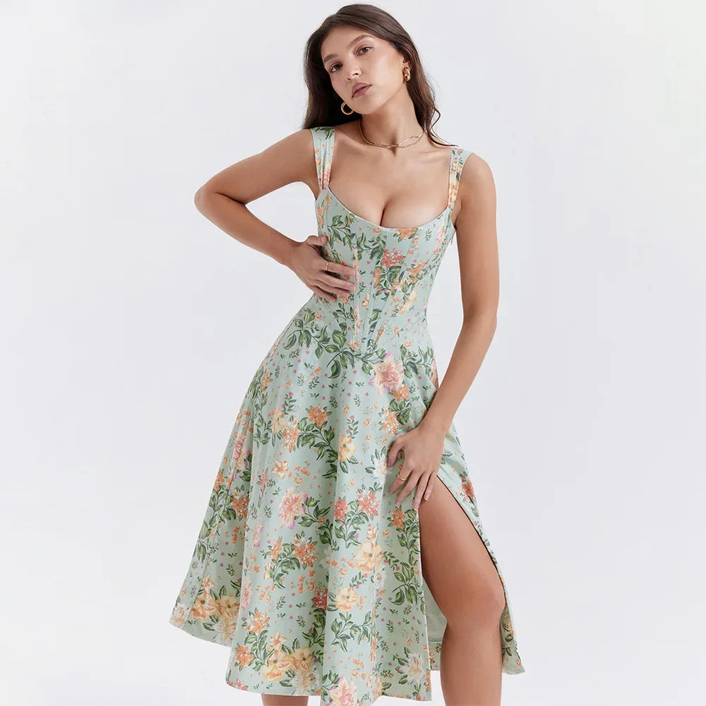 Lace Up Floral Corset Midi Dress