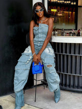 Load image into Gallery viewer, Mariah Cargo Denim Jumpsuit FancySticated
