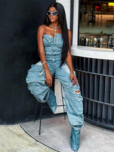 Load image into Gallery viewer, Mariah Cargo Denim Jumpsuit FancySticated
