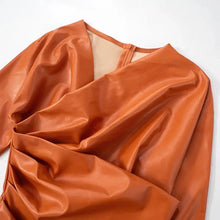 Load image into Gallery viewer, Orange Leather Pleated Mini Dress FancySticated
