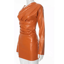 Load image into Gallery viewer, Orange Leather Pleated Mini Dress FancySticated

