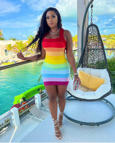 Rainbow Rayon Bandage Mini Dress FancySticated
