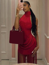 Load image into Gallery viewer, Velvet Ruched Tassel Backless Dress
