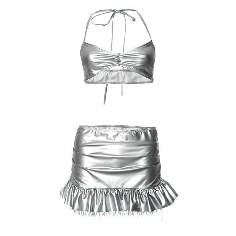 Silver Leather Ruffles Skirt Set