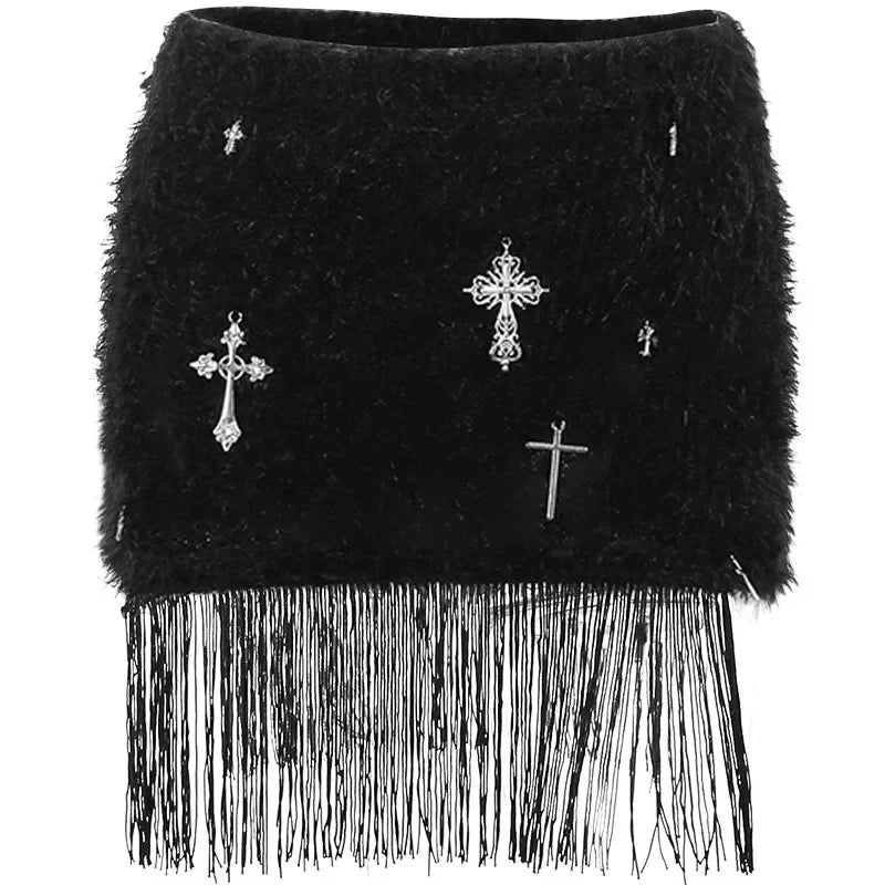 Fuzzy Fringed Cross Metal Skirt