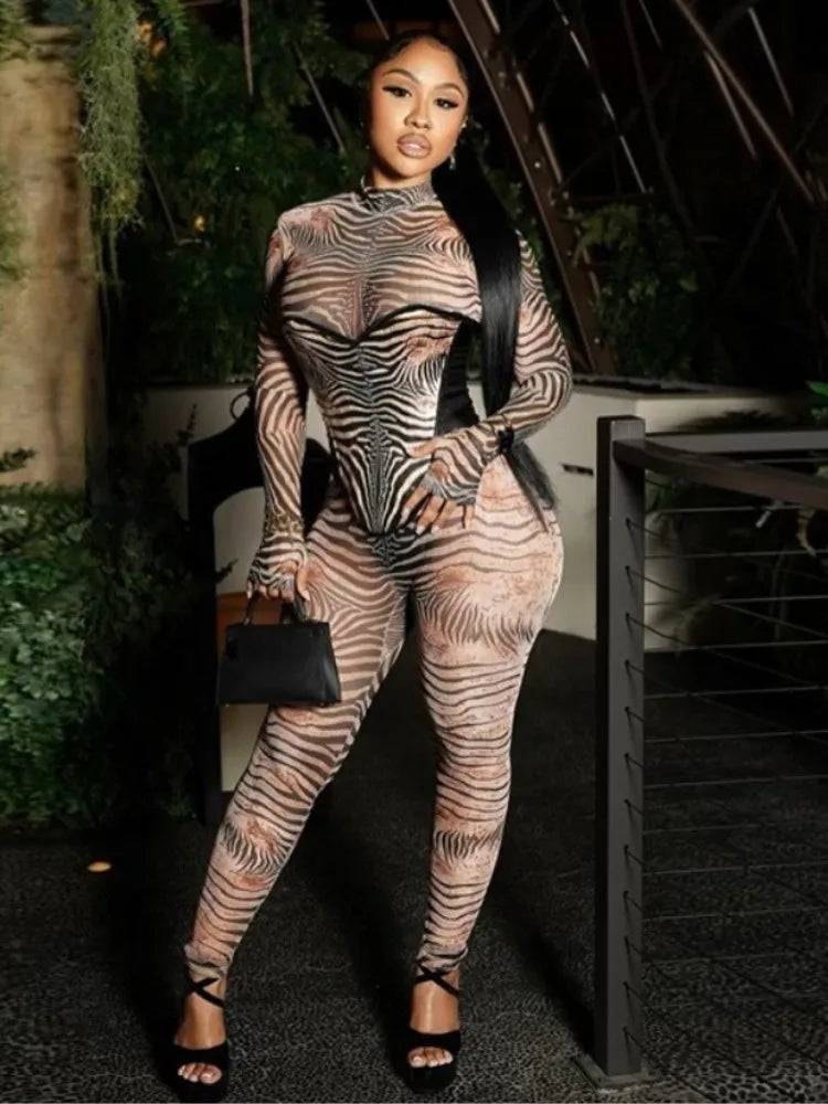Zebra Print Mesh Jumpsuit