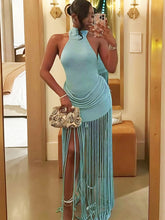 Load image into Gallery viewer, Velvet Ruched Tassel Backless Dress
