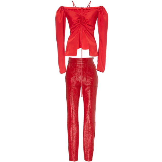 Satin Off Shoulder Set- Red FancySticated