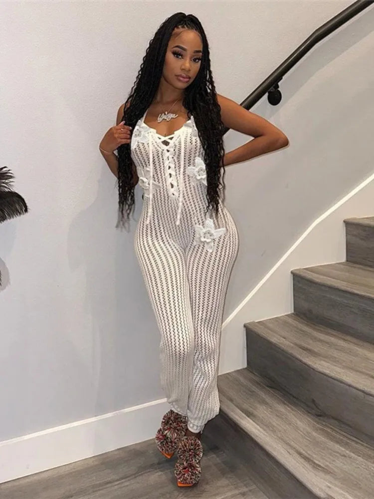 Flower Applique Knit Jumpsuit