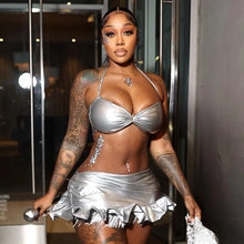 Load image into Gallery viewer, Silver Leather Ruffles Skirt Set FancySticated
