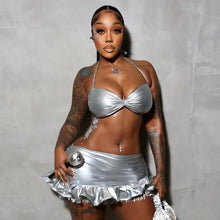 Load image into Gallery viewer, Silver Leather Ruffles Skirt Set FancySticated
