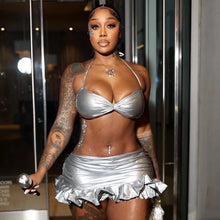 Load image into Gallery viewer, Silver Leather Ruffles Skirt Set FancySticated
