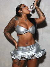Load image into Gallery viewer, Silver Leather Ruffles Skirt Set FancySticated
