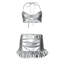 Load image into Gallery viewer, Silver Leather Ruffles Skirt Set FancySticated
