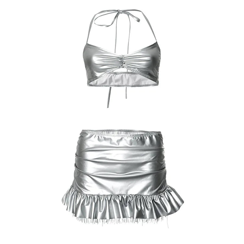 Silver Leather Ruffles Skirt Set FancySticated