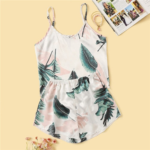 Tropical Print Satin Pajama Set FancySticated